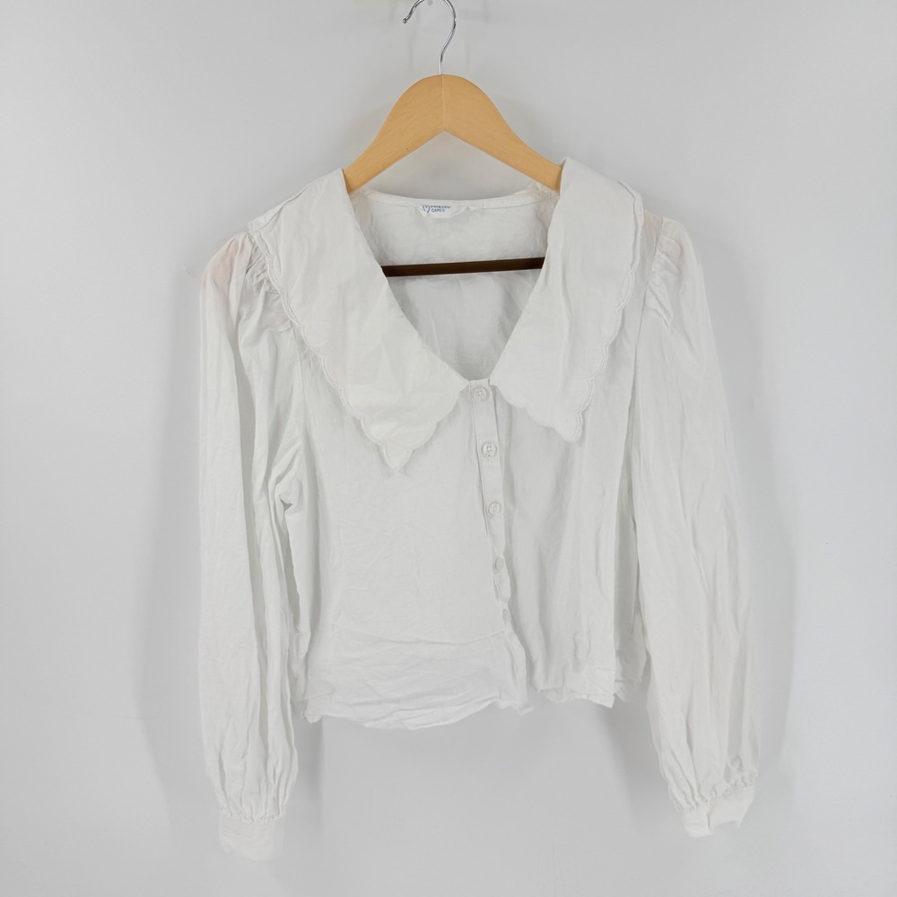 Primark Blouse White Medium Scalloped Peter Pan Collar Button Down Coquette